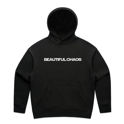 Black hoodie with 'BEAUTIFUL CHAOS' text on a white background