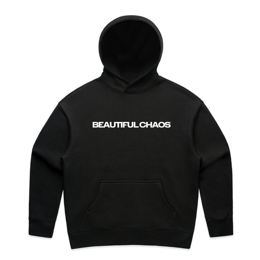 Black hoodie with 'BEAUTIFUL CHAOS' text on a white background