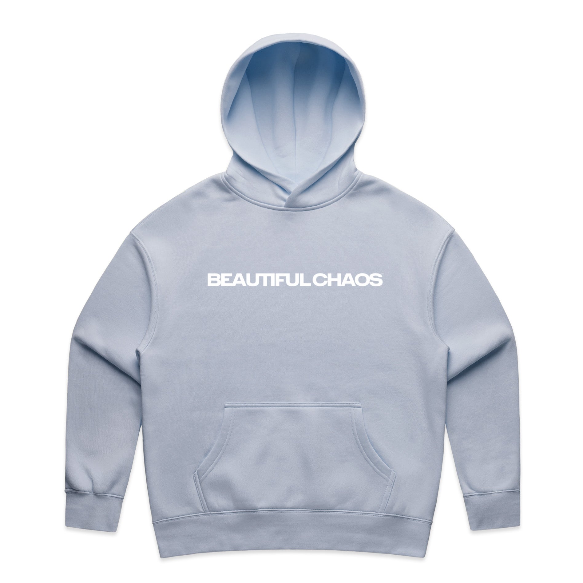 Light blue hoodie with 'BEAUTIFUL CHAOS' text on a white background