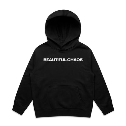 Black hoodie with 'BEAUTIFUL CHAOS' text on a white background