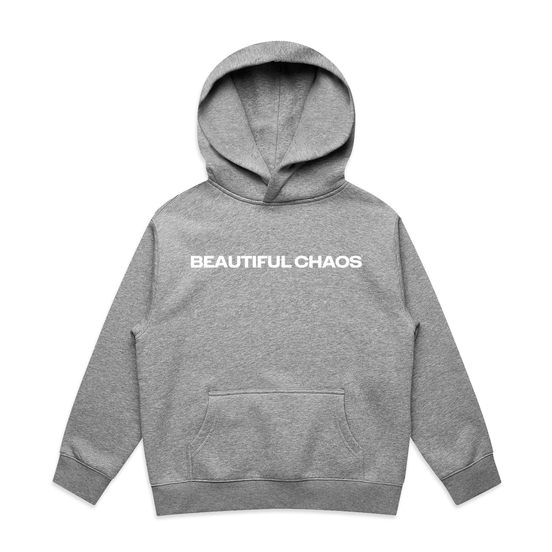 Gray hoodie with Beautiful Chaos on the chest on  a white background