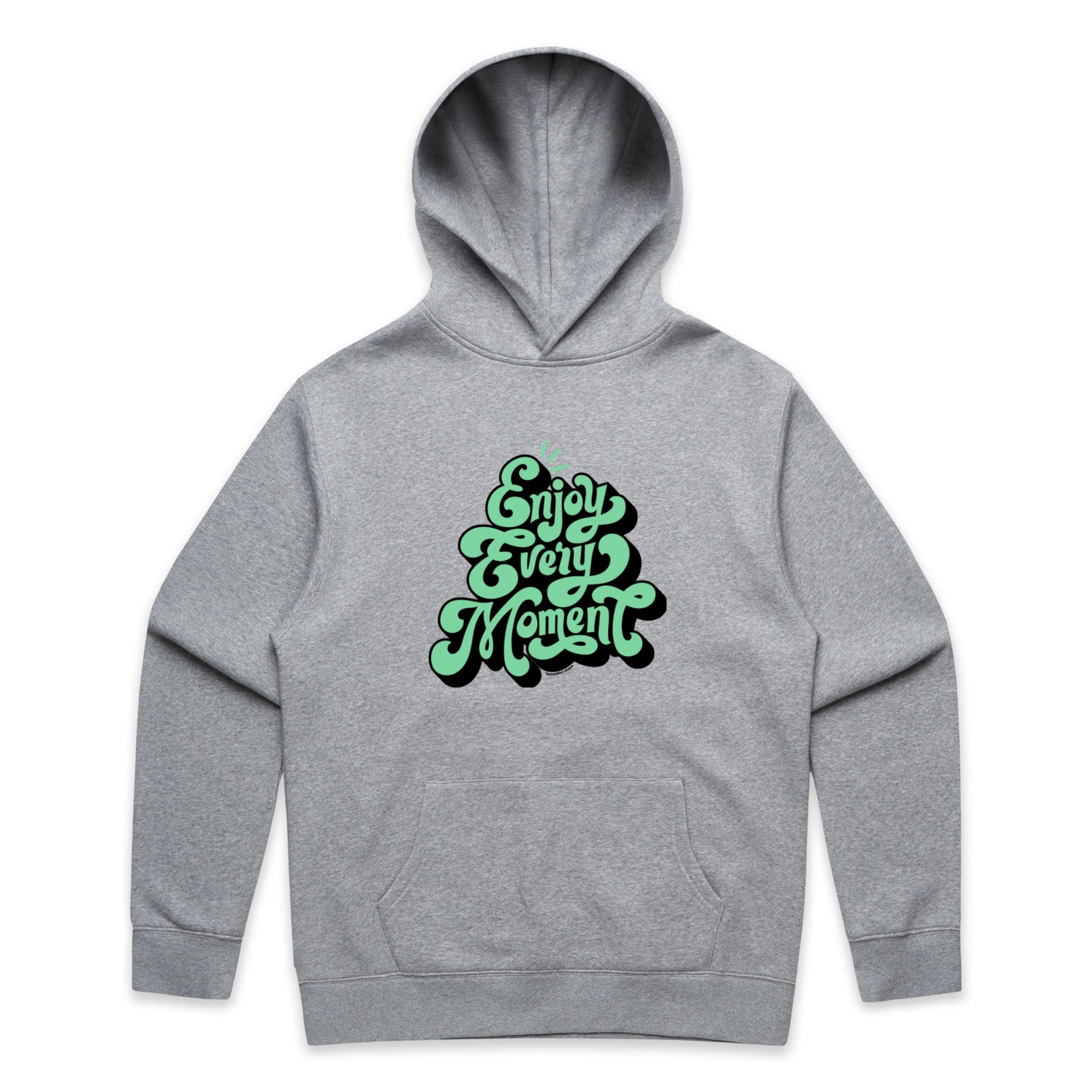 Gray Marle hoodie with aquamarine and black text design on a white background
