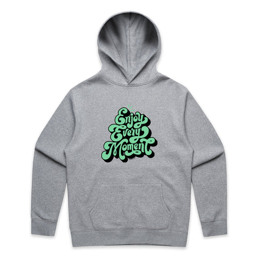 Gray Marle hoodie with aquamarine and black text design on a white background