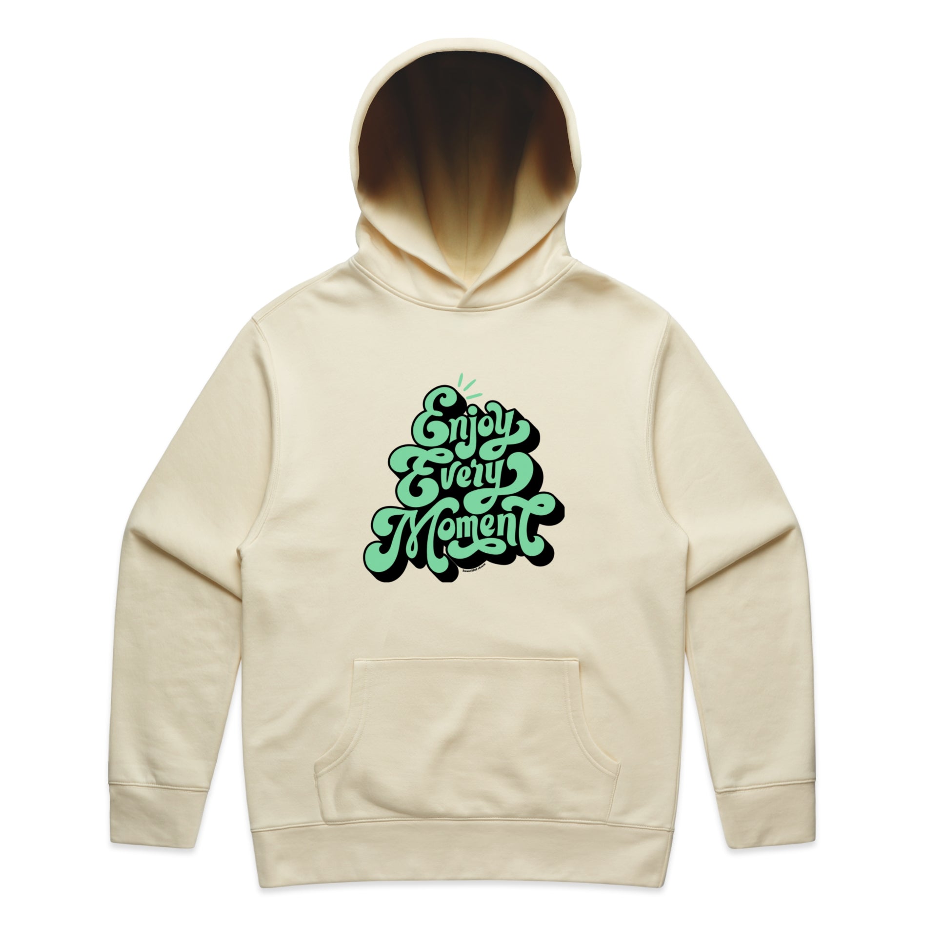 Beautiful Chaos Butter hoodie with green text 'Enjoy Every Moment' on a white background