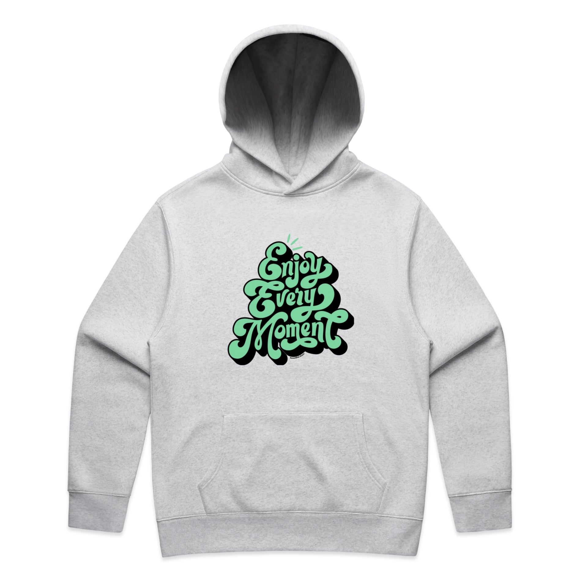 White Marle hoodie with green text 'Enjoy Every Moment' on a white background