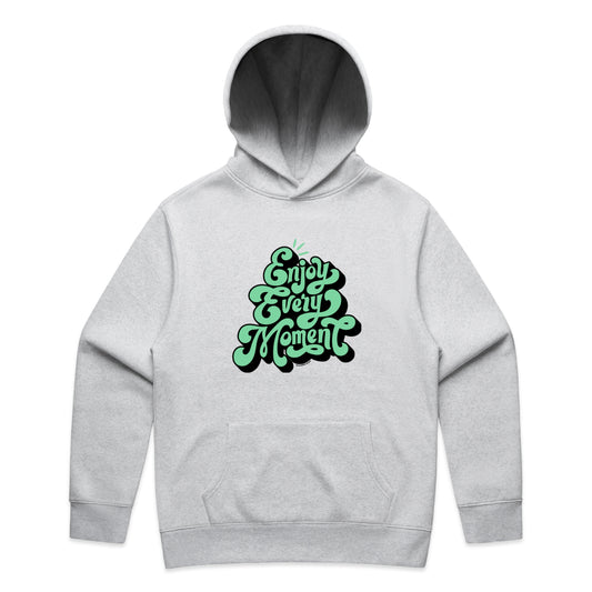 White Marle hoodie with green text 'Enjoy Every Moment' on a white background