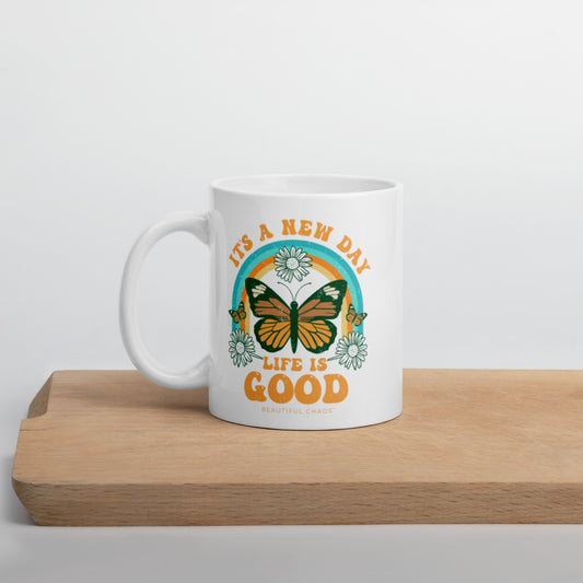 It's a New Day Life is Good Retro Butterfly Mug