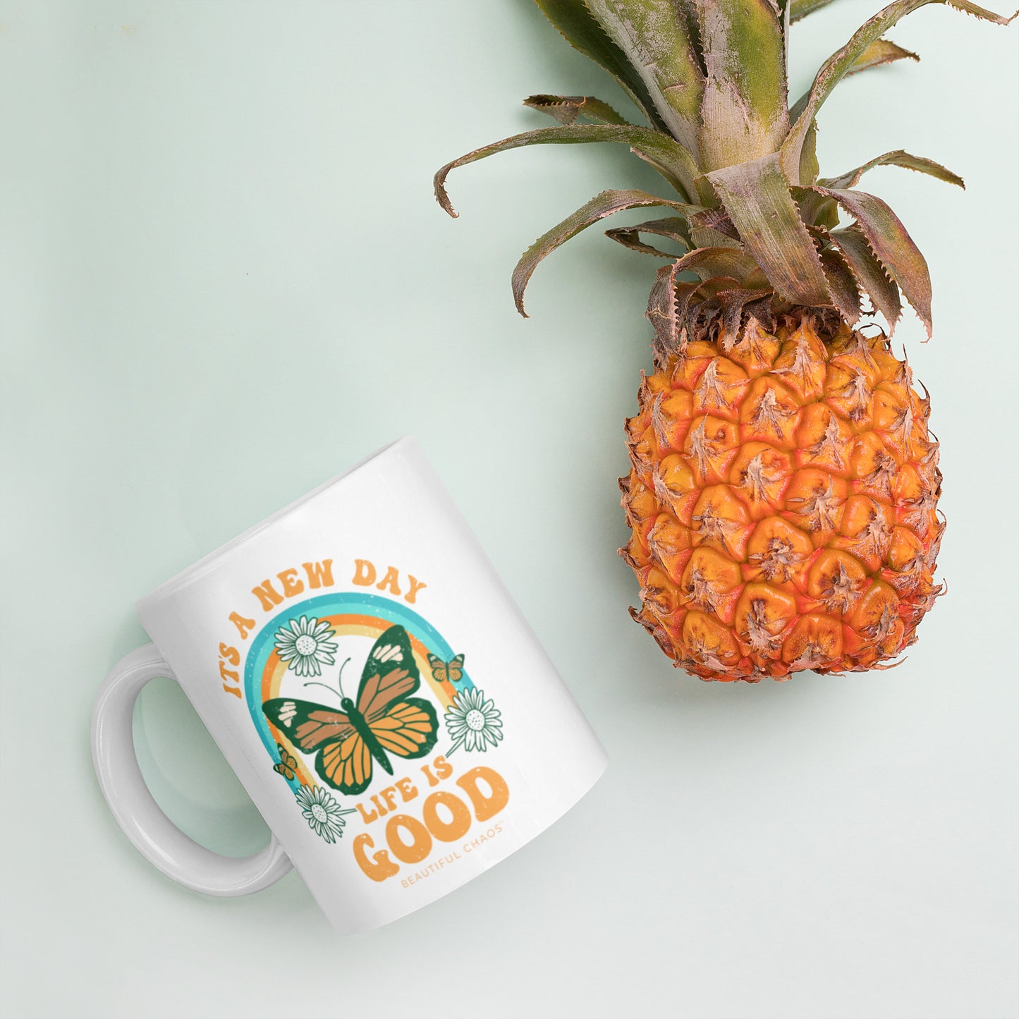 It's a New Day Life is Good Retro Butterfly Mug pineapple
