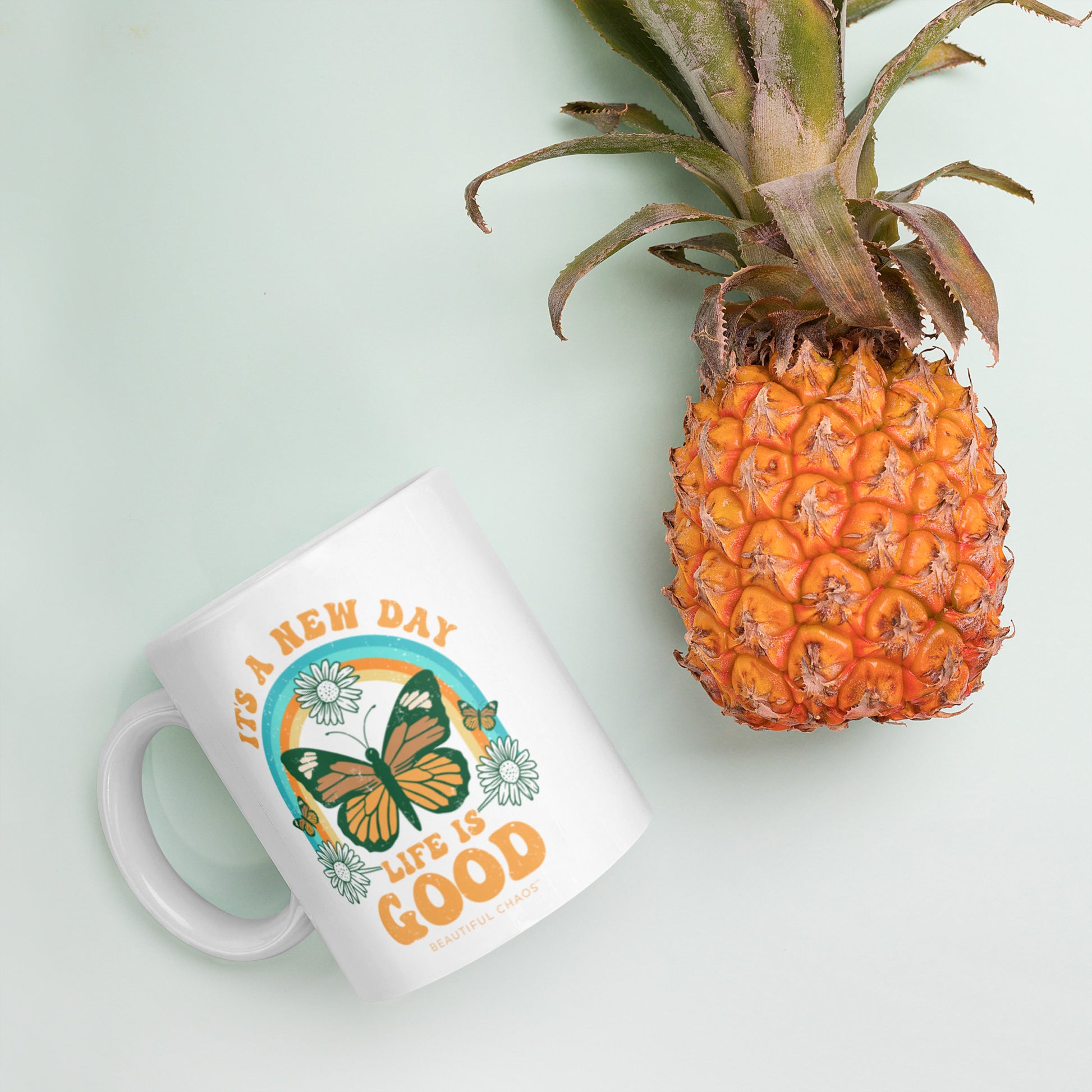 It's a New Day Life is Good Retro Butterfly Mug pineapple