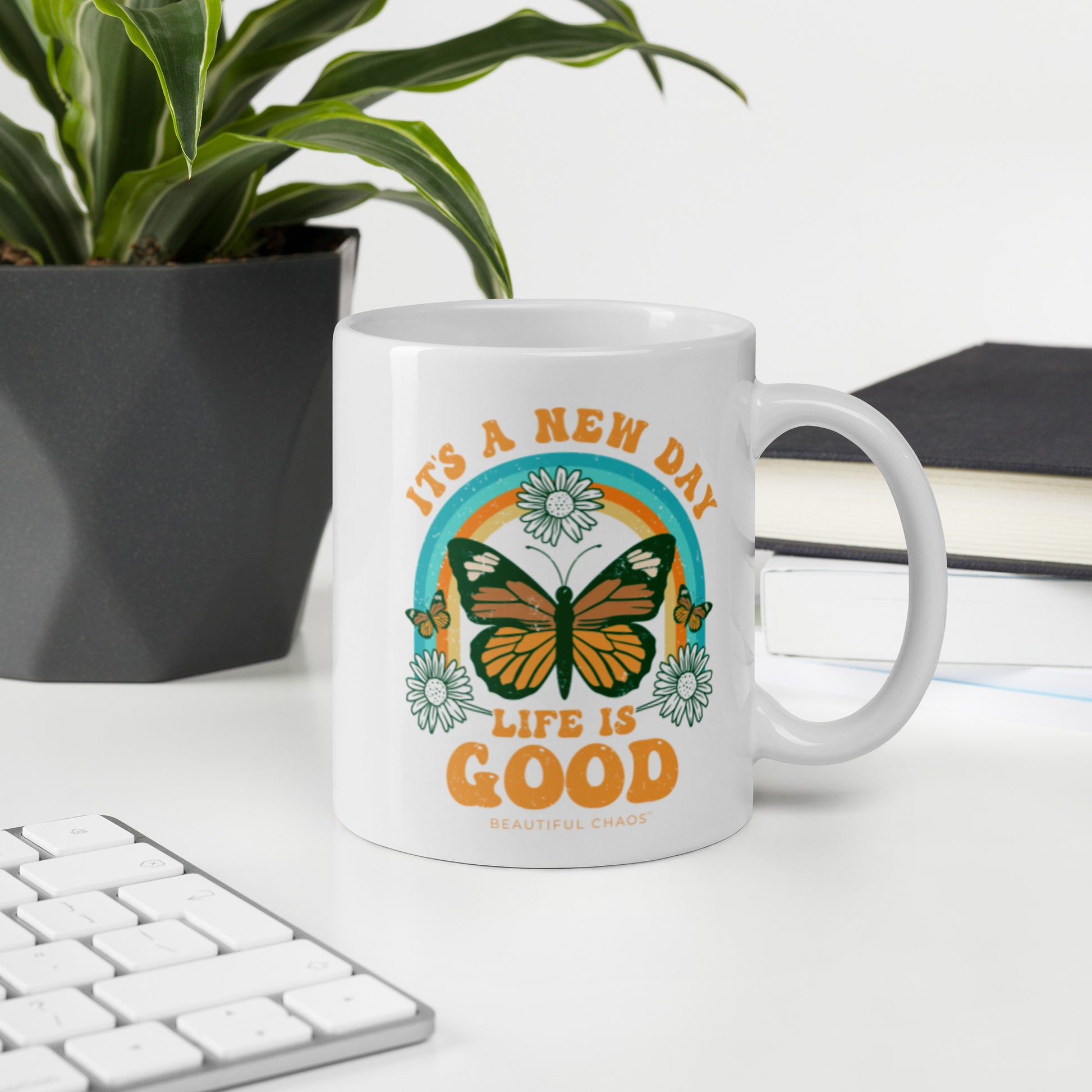 It's a New Day Life is Good Retro Butterfly Mug work