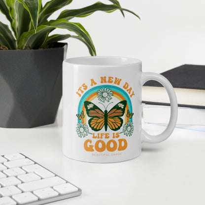 It's a New Day Life is Good Retro Butterfly Mug work