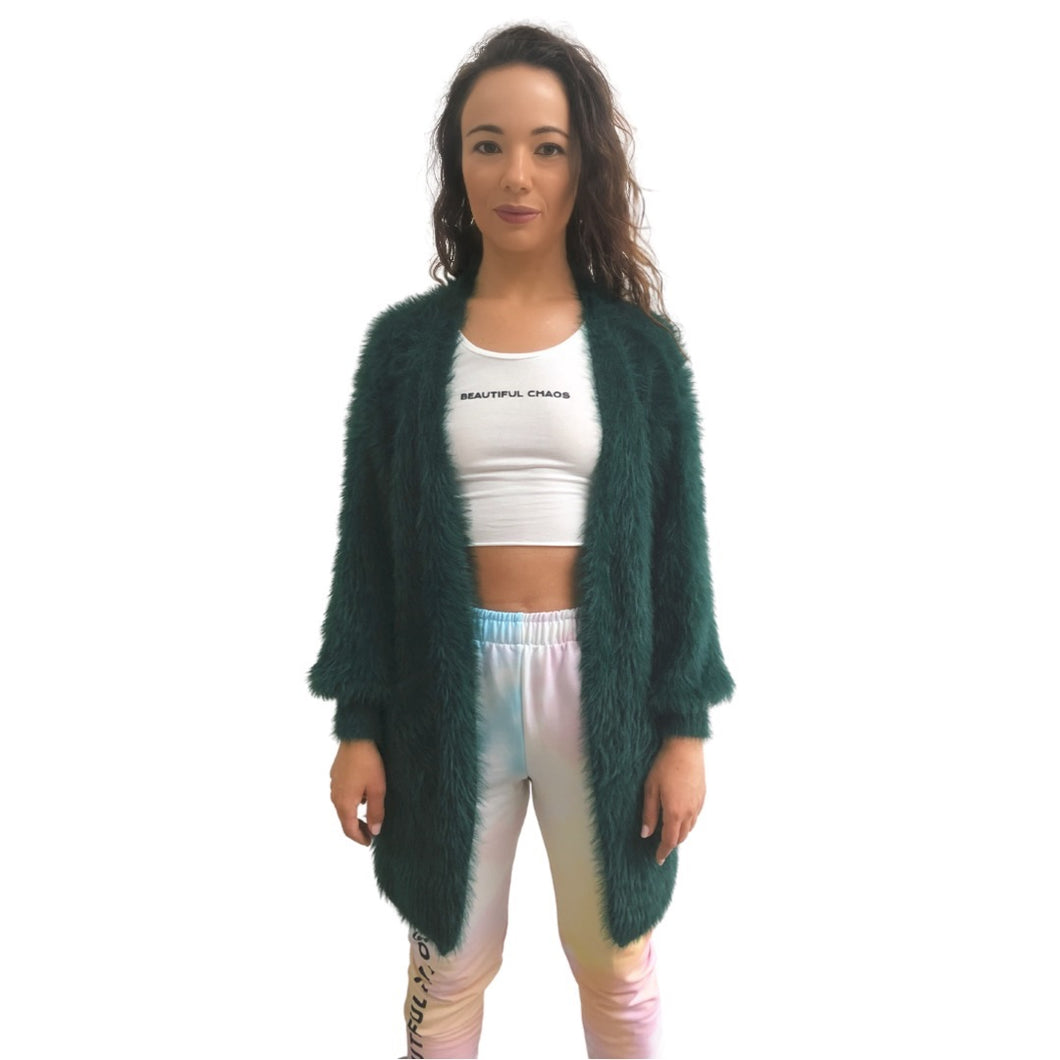 Beautiful Chaos Wool Blend Faux Fur Cardi - Emerald