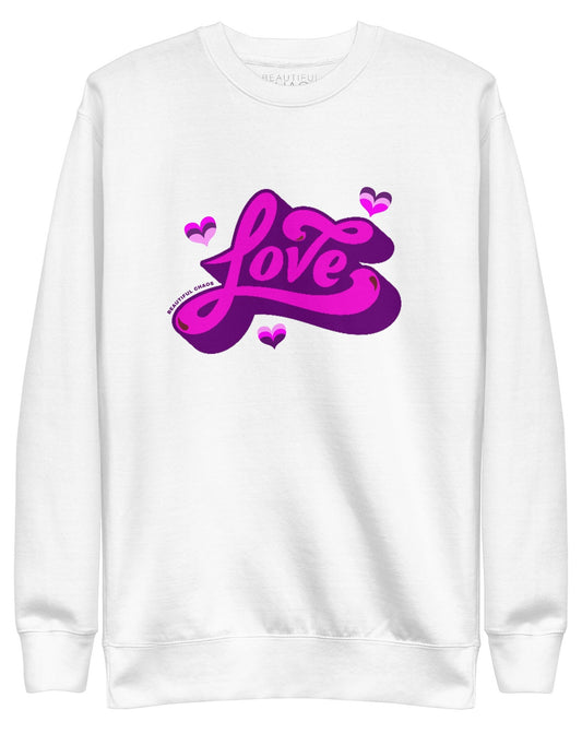 Beautiful Chaos Old School Love Sweatshirt - White // Neon Pink